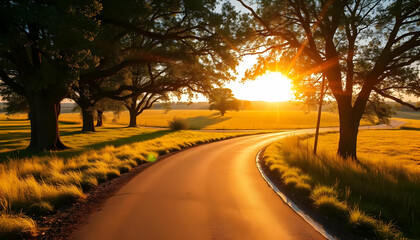 Fototapeta premium Golden Sunset Over a Winding Road Framed By Silhouetted Trees in a Tranquil Countryside Landscape with Warm Light and Blue Sky