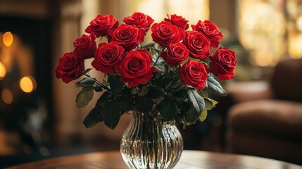 Fototapeta premium Red roses in a vase, home decor