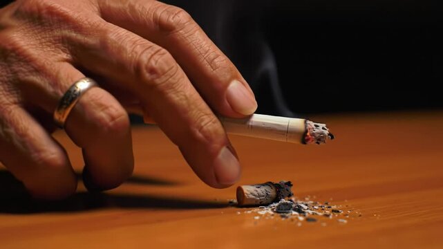 Close-up of a hand extinguishing a cigarette on a wooden table at night