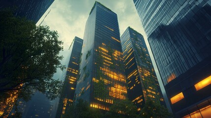 Fototapeta premium Corporate tower with solar glass and vertical forests, dynamic angle from street level, soft dusk lighting, blending nature with urban design. 