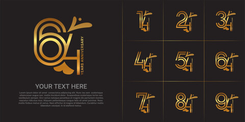 Anniversary logo type set with double line number. golden color with leaf ornament can be use special moment
