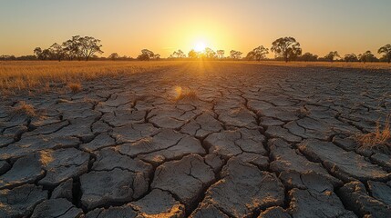 Sunset Over a Dried-Up Field: A Vivid Depiction of Drought