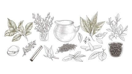 Detailed illustration of various tea and spice ingredients.