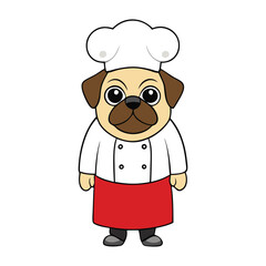A cute pug dressed as a chef, holding a tray with pride, ready to serve up smiles and treats with its irresistible charm and culinary flair!
