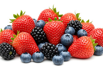 Obraz premium A close up view of strawberries blueberries and blackberries on a white background in a studio shot