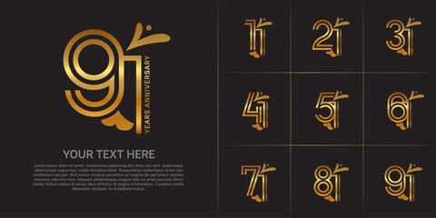 Anniversary logo type set with double line number. golden color with leaf ornament can be use special moment