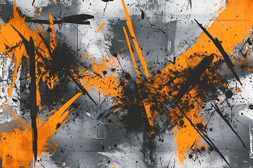 Splashes of black and orange create vibrant abstract patterns on a gray textured canvas