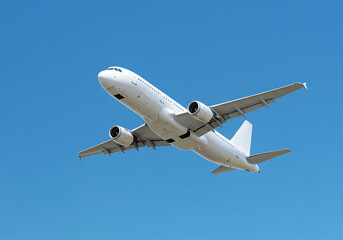 Obraz premium A white passenger airplane flying in a clear blue sky with visible engines and wings on a sunny day