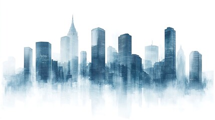 Fototapeta premium Layered silhouettes of blue skyscrapers forming a dynamic cityscape, balanced design on a neutral white background 