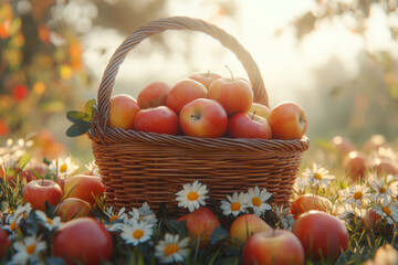 Basket full of apples on grass.