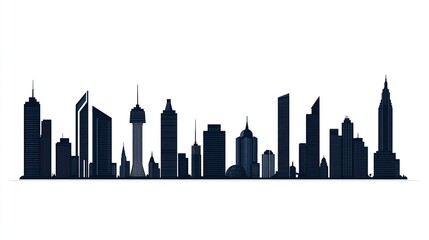 Naklejka premium Minimalistic set of urban skyline silhouettes, showcasing varied cityscapes, sharp black flat design on white. 