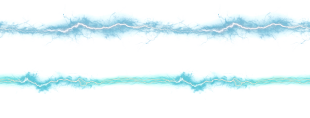 Horizontal streaks of electric blue lightning bolts with energy discharge and glowing edges on transparent background, perfect for sci-fi design, energy effects, and digital visual effects overlays