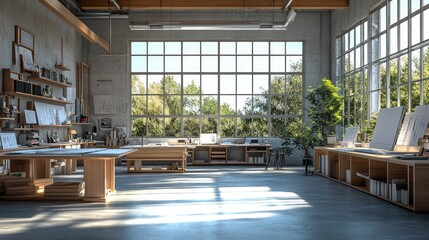 Sunlit Industrial Design Studio Workspace with Large Windows