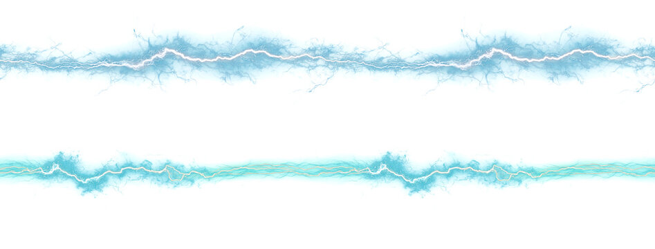 Horizontal streaks of electric blue lightning bolts with energy discharge and glowing edges on transparent background, perfect for sci-fi design, energy effects, and digital visual effects overlays
