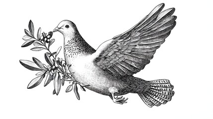 Fototapeta premium Monochrome illustration of a pigeon in flight with foliage.