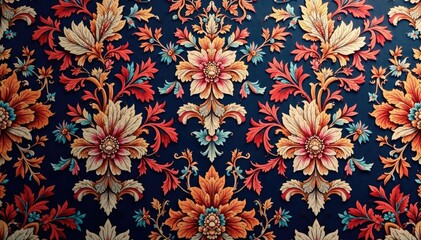 Intricate woven damask fabric, elegant floral design, brocade, intricate, surface