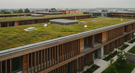 Obraz premium Eco-friendly architecture: green rooftop building or wooden sustainable design (horizontal). 