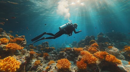 Scuba diver explores vibrant coral reef. Sunlight streams through water