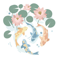 Koi Fish Swimming Around Water Lilies in Tranquil Pond Vector Illustration with Soft Pastel Colors 