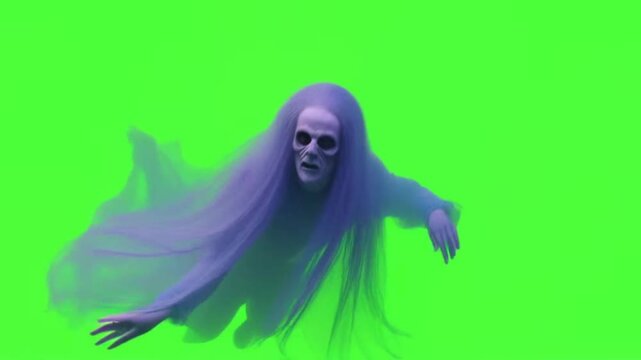 scary white ghost flying on green screen