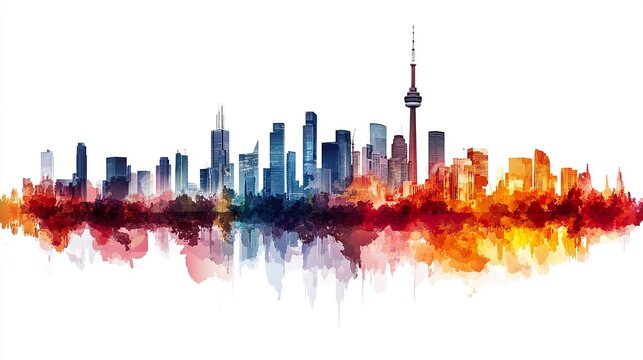 Modern urban skyline clipart alongside a detailed checklist, vibrant and sleek, crisp white background, clean flat design.  