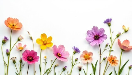 Naklejka premium Delicate, scattered wildflowers on white background, bloom, romantic