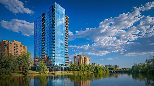 Nutrien Tower, a modern glass high-rise in Saskatoon's River Landing, reflecting the blue sky and clouds, low-angle perspective, emphasizing height and sleek design.  