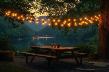 Lights hanging from a picnic table.