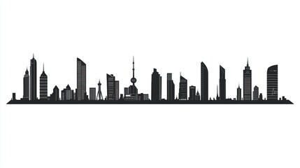 Fototapeta premium A series of urban skyline illustrations, flat silhouettes with diverse skyscrapers and buildings, minimalist on white. 