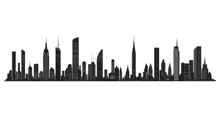 Obraz premium A series of urban skyline illustrations, flat silhouettes with diverse skyscrapers and buildings, minimalist on white. 