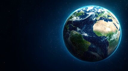 Fototapeta premium The image shows a detailed view of planet Earth from space, set against a backdrop of stars. The Earth is depicted with a glowing outline, highlighting its continents and oceans, and shows numerous