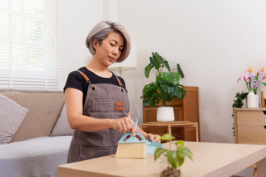 Asian Women Adult Cleaning Table Dust With Small Broom In Living Room Interior Design Home Modern Apartment Neat Housekeeping And Lifestyle Routine In Free Time