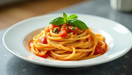 Elegant pasta dish, vibrant sauce, clean backdrop , cheese, culinary, fork