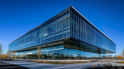 Obraz premium Sleek office building with shimmering glass exterior, low-angle capture against vibrant blue sky, natural light enhancing its grandeur 