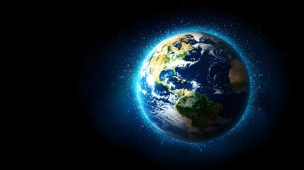 Fototapeta premium The image shows a detailed view of planet Earth from space, centered on North and South America, encircled by a glowing halo of light and particles against a dark background.