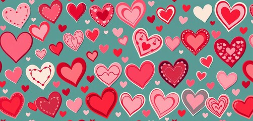 Fototapeta premium A charming Valentine's Day seamless pattern featuring a variety of hearts in diverse styles, colors, and sizes, adorable, cute