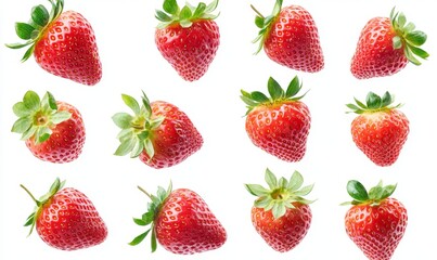 Fresh, vibrant strawberries, arranged in a grid pattern against a plain white background. Each strawberry is in focus and showcases its glossy red skin, and fresh green leaves