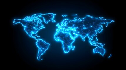 The image contains a glowing blue, polygonal representation of a world map.A glowing blue, polygonal world map illustrates global interconnectedness.