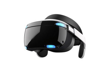 High-tech virtual reality headset glowing blue, designed for full immersion with advanced motion and visual sensors, isolated on a transparent background