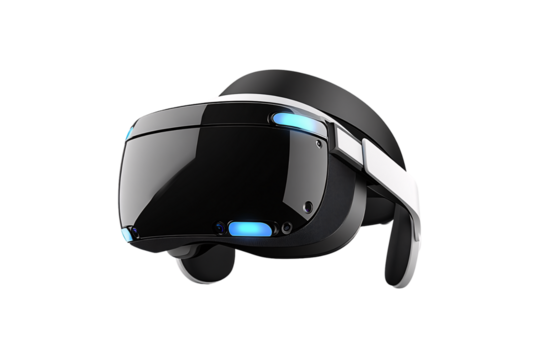 High-tech virtual reality headset glowing blue, designed for full immersion with advanced motion and visual sensors, isolated on a transparent background - Powered by Adobe
