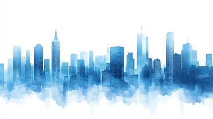 Stylized urban skyline in blue tones, sleek skyscraper silhouettes arranged in layers, minimalist vector on white 