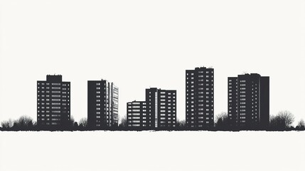 Obraz premium Tall and low-rise apartment building silhouettes in a balanced composition, bold black vector shapes, white background. 