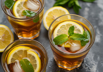 Refreshing iced lemon mint tea glasses top down view on cool stone table closeup