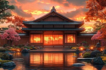 Obraz premium Beautiful Japanese building with orange sunset reflected in calm pond