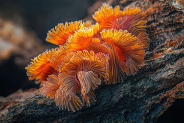 Obraz premium Intricate orange marine organism clinging to dark wood, showcasing vibrant texture and detail.