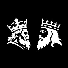 Facing Stylized King Head Silhouettes with Different Crowns Representing Royalty and Partnership