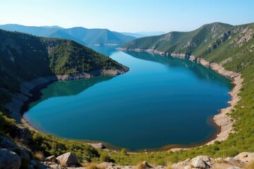 Irregular shaped lake with meandering shoreline, rocky banks, pattern, wilderness