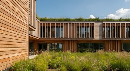 Fototapeta premium Eco-friendly architecture: green rooftop building or wooden sustainable design (horizontal). 