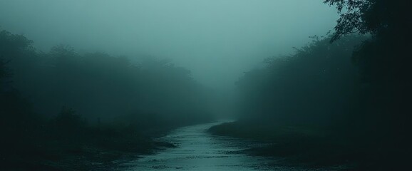 Fototapeta premium A winding road shrouded in dense fog through trees