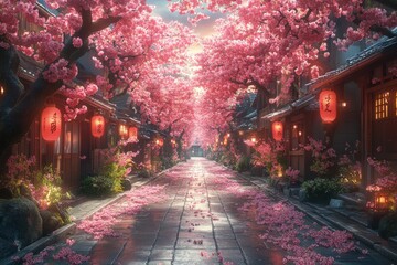 Obraz premium Blossoming cherry trees line a quiet cobblestone street, pink petals falling
